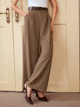 Vintamour Vintage Elegant Women's Khaki Straight Leg Pants With Belt And Pocket, Fitted Waistline, Autumn/Winter New Years Women Outfit